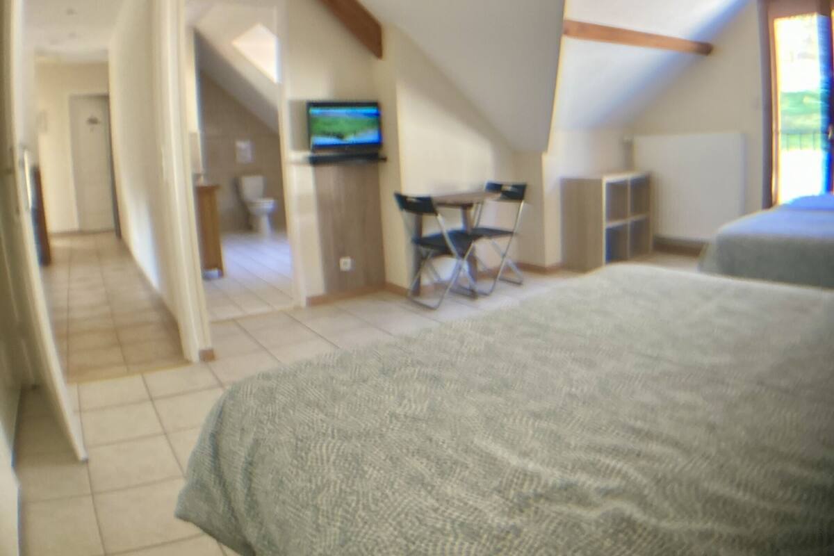 Un dormitorio con cama, televisor y escritorio con silla. Se aprecia una ventana con vistas al exterior.
