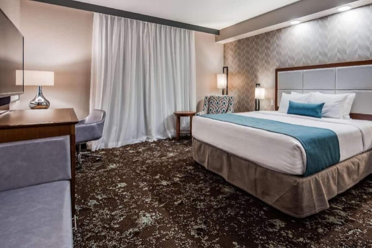 A hotel room with a large bed, a desk, a chair, and a television.