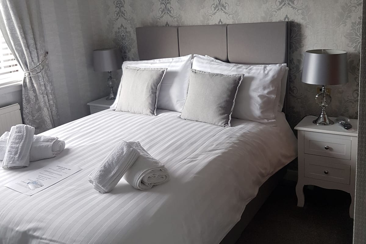 A neatly made bed with pillows, a bedside table with a lamp, and a painting on the wall.