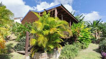 Uma casa de madeira com telhado inclinado, rodeada por vegetação tropical exuberante.