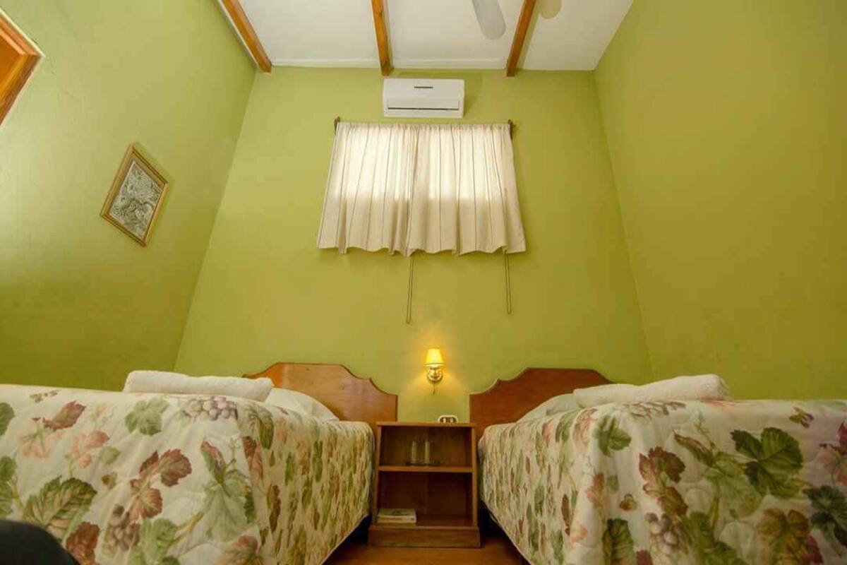 Een kamer met twee bedden, een wandairconditioner, een bedlampje en een ingelijst schilderij aan de muur.