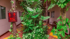 Corredor com placa de madeira indicando um sanitário, cercado por plantas verdes exuberantes.