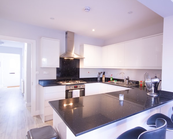 Full-sized fridge, microwave, oven, stovetop