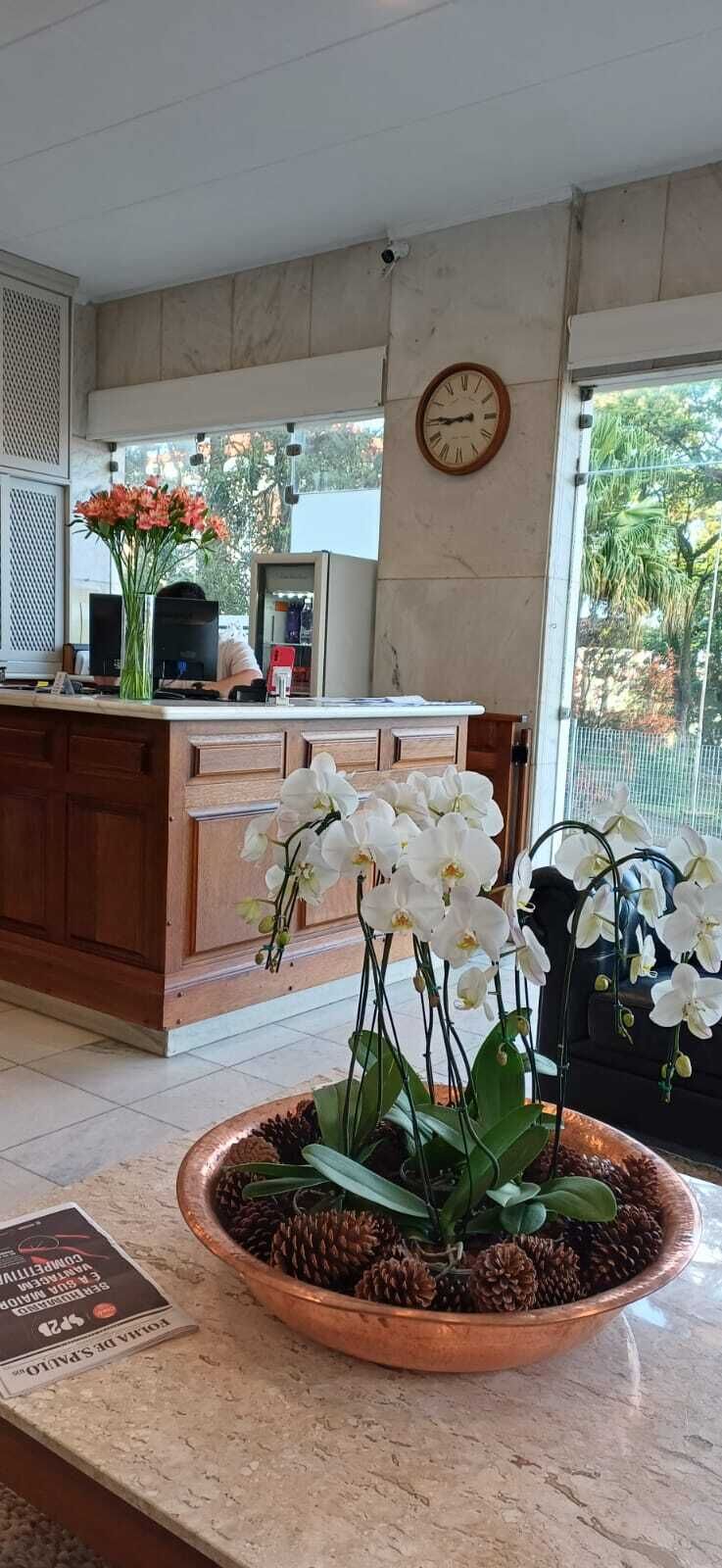 Uma área de recepção com balcão de madeira, relógio e uma grande janela com vista para o verde.