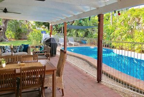 Outdoor pool, a lap pool, sun loungers
