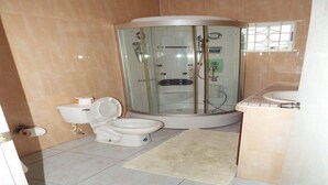 A bathroom with a toilet, a glass-enclosed shower, and a sink. - BPO/Business Travellers/ Large Group Accommodation  (Spanish Town)