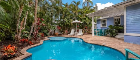 A swimming pool with a curved edge, surrounded by lush tropical plants and palm trees. There are outdoor chairs and a small table near the pool.