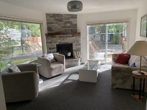Smart TV, fireplace, video games, DVD player