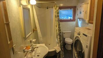 Hair dryer, towels, soap, toilet paper
