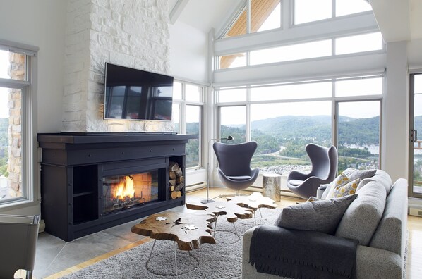 A modern living room with a fireplace, a sofa, and a view of the outdoors.