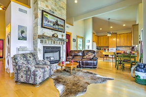 TV, fireplace, DVD player, books