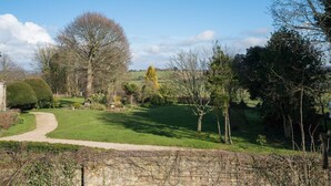 A rural landscape with a stone wall, a winding path, and various trees.