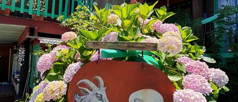A building with a wooden facade, green railings, and a sign with a ram and goose design surrounded by hydrangea flowers.