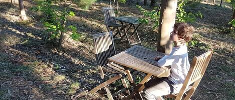 Une personne est assise à une table et sur une chaise en bois, dans un endroit boisé.