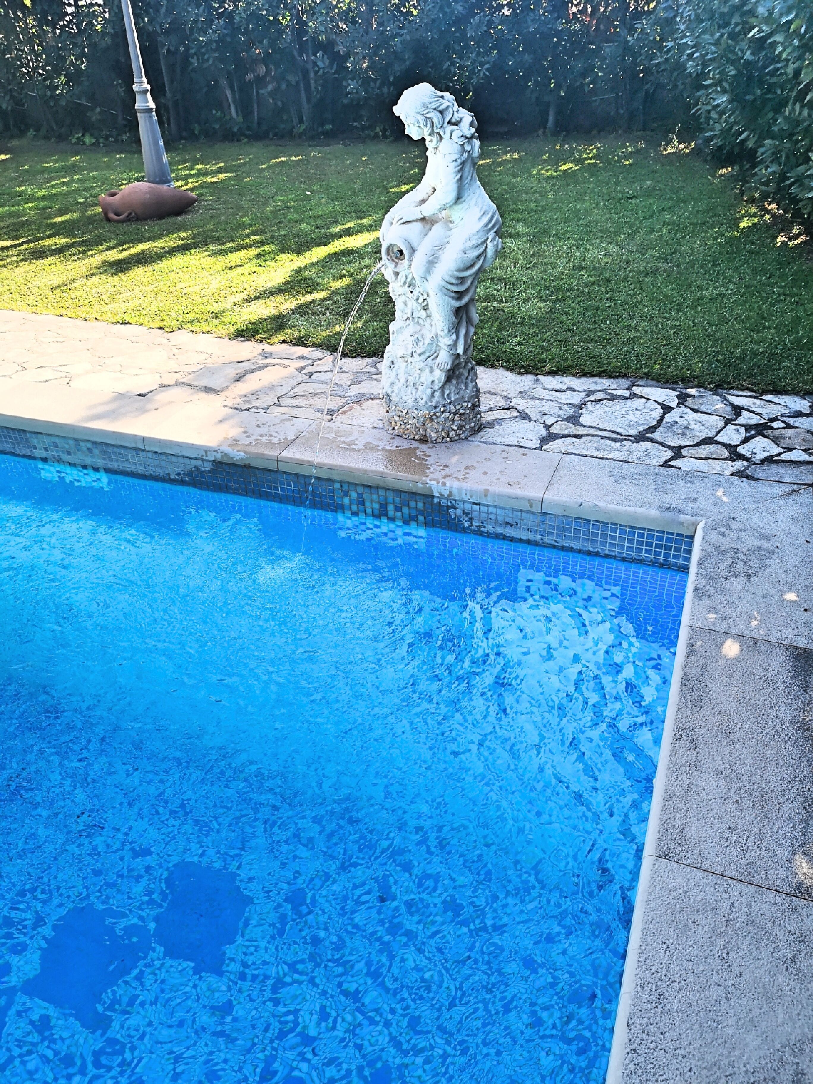 Una estatua junto a una piscina con borde de piedra y un área verde de fondo.