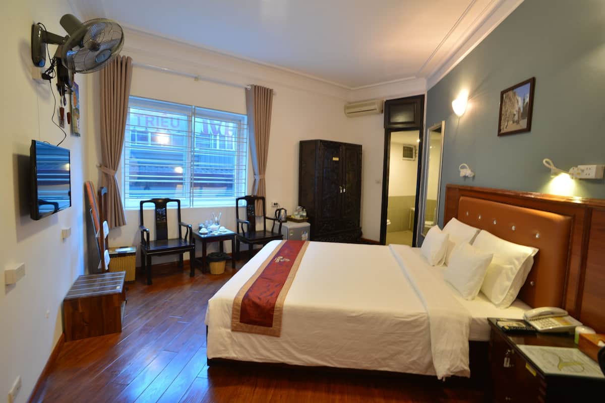 A hotel room with a bed, a desk, a chair, a wardrobe, and a window with curtains.