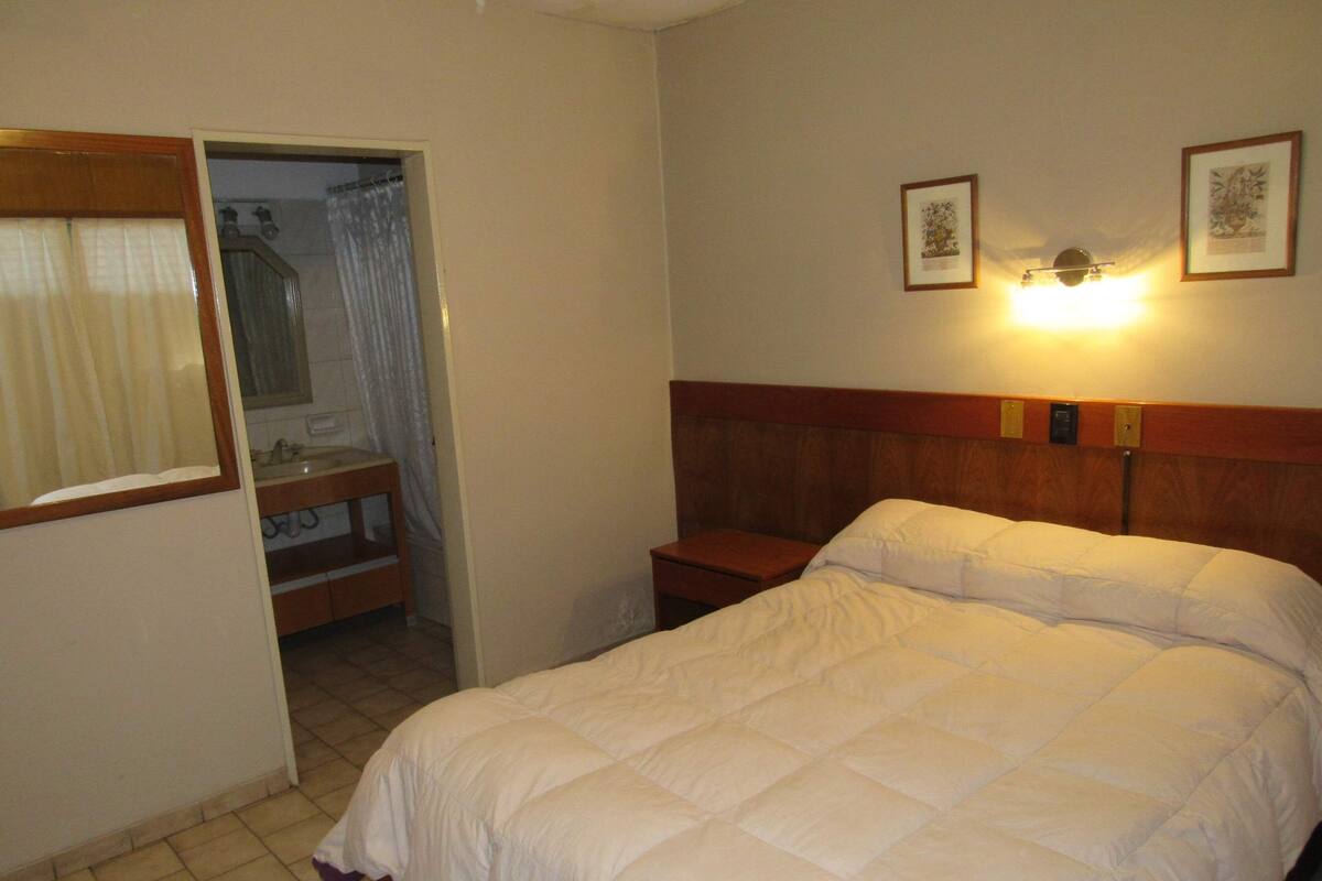 Habitación de hotel con cama, mesita de noche, una pequeña mesa, espejo y zona de ducha.