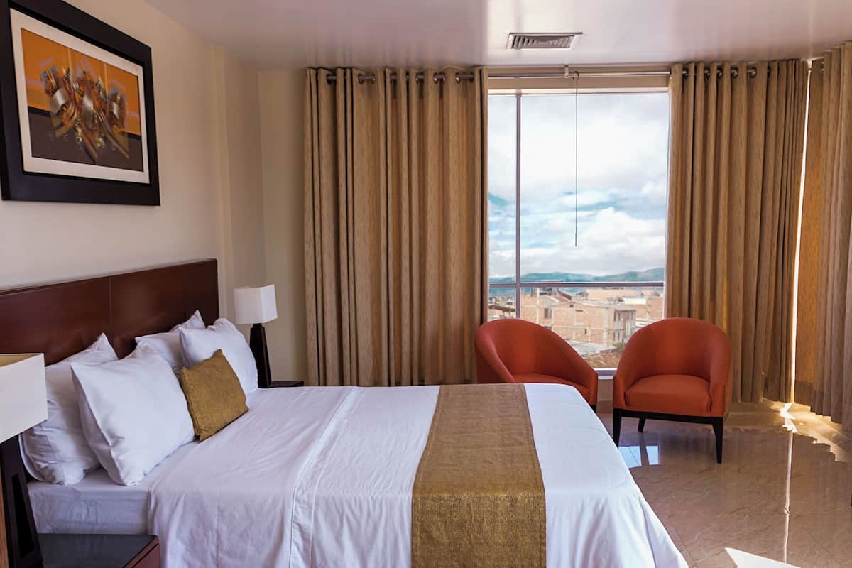 A hotel room with a large bed, two chairs, a nightstand, and a window with a city view.