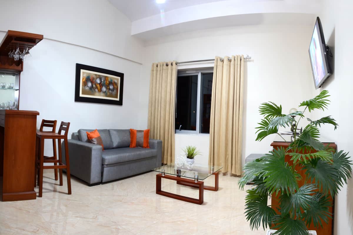 A modern living room with a staircase, a grey sofa, a coffee table, and a potted plant.