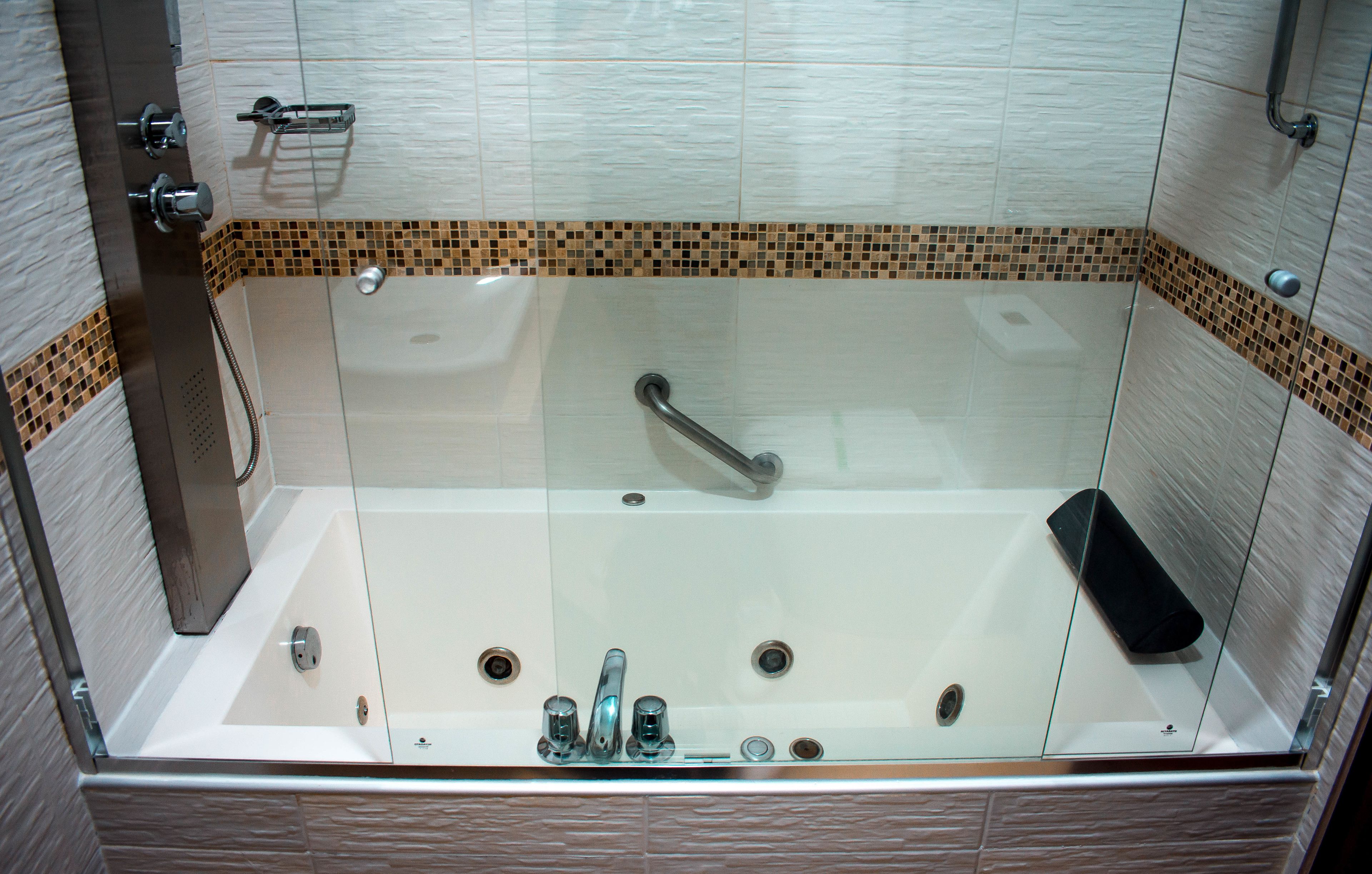 A modern bathroom with a glass-enclosed jacuzzi, a handheld showerhead, and a built-in seat.