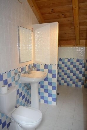 Een bad/douchecombinatie, een haardroger, handdoeken, zeep