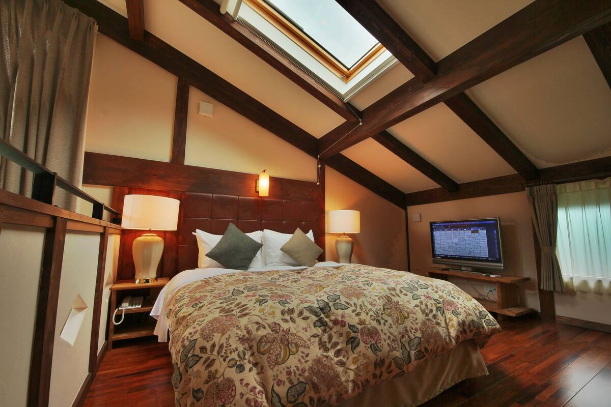 A bedroom with a large bed, two bedside lamps, a television, and a skylight.