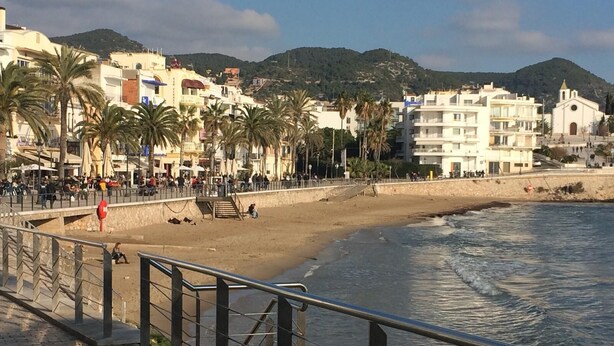 Une promenade en bord de mer, avec une plage, des palmiers et des bâtiments en arrière-plan.
