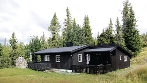 A black wooden cabin with a stone foundation, surrounded by tall trees.