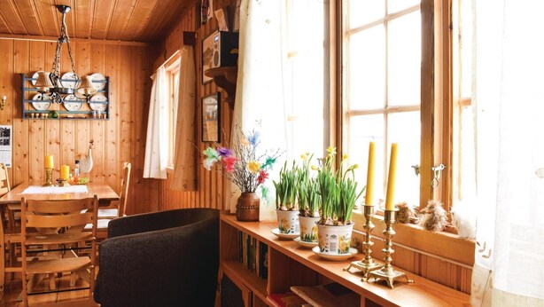 A cozy cabin interior with wooden walls, a dining table with chairs, a bench, and a window with curtains.