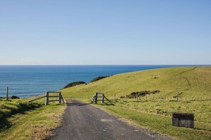 Uma estrada rural que leva a um portão com uma placa que diz 'Coast Farm'.