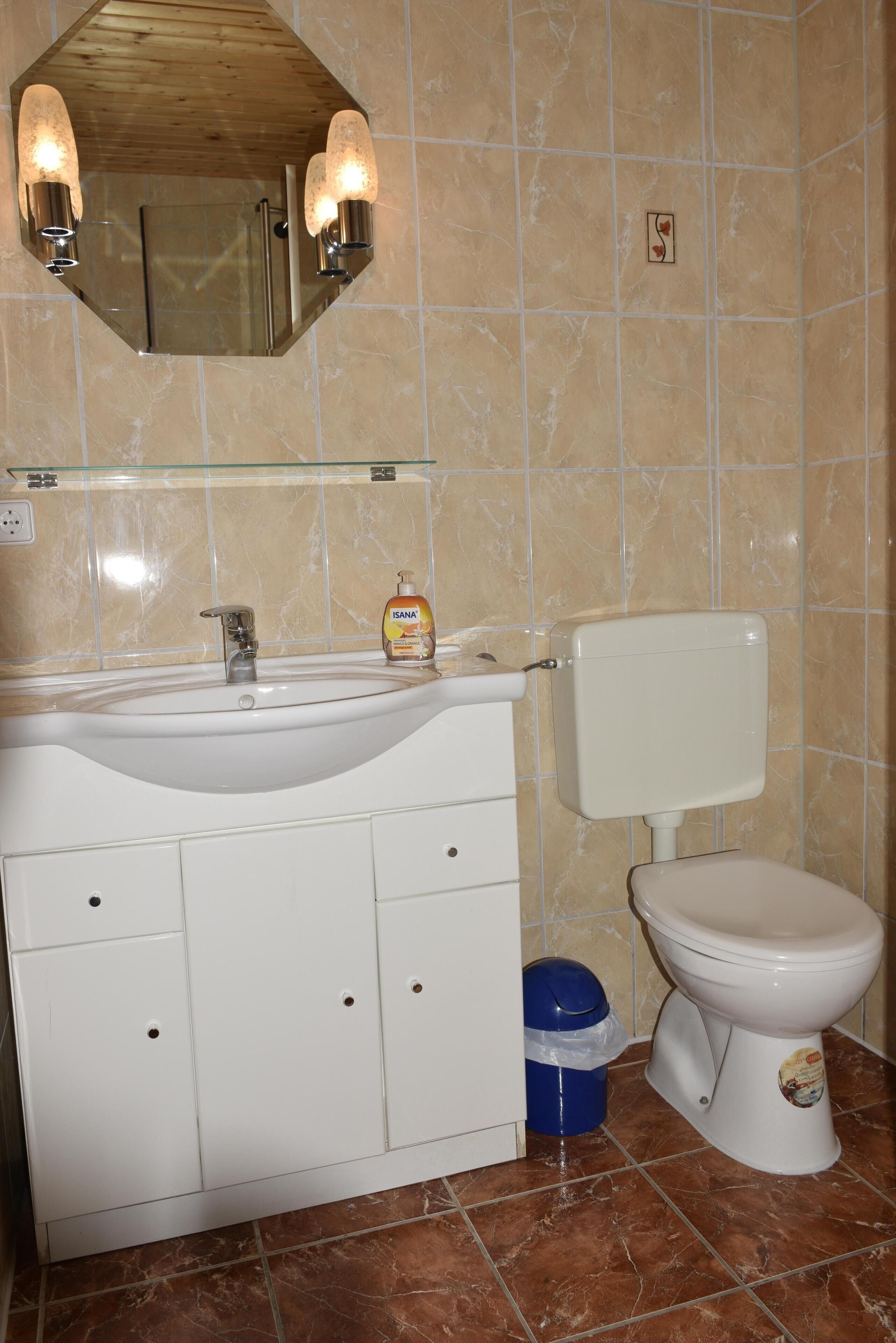 A bathroom with a white sink, mirror, and toilet. There is a blue trash bin next to the toilet.