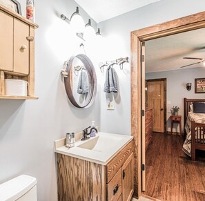 Combined shower/tub, hair dryer, towels, soap