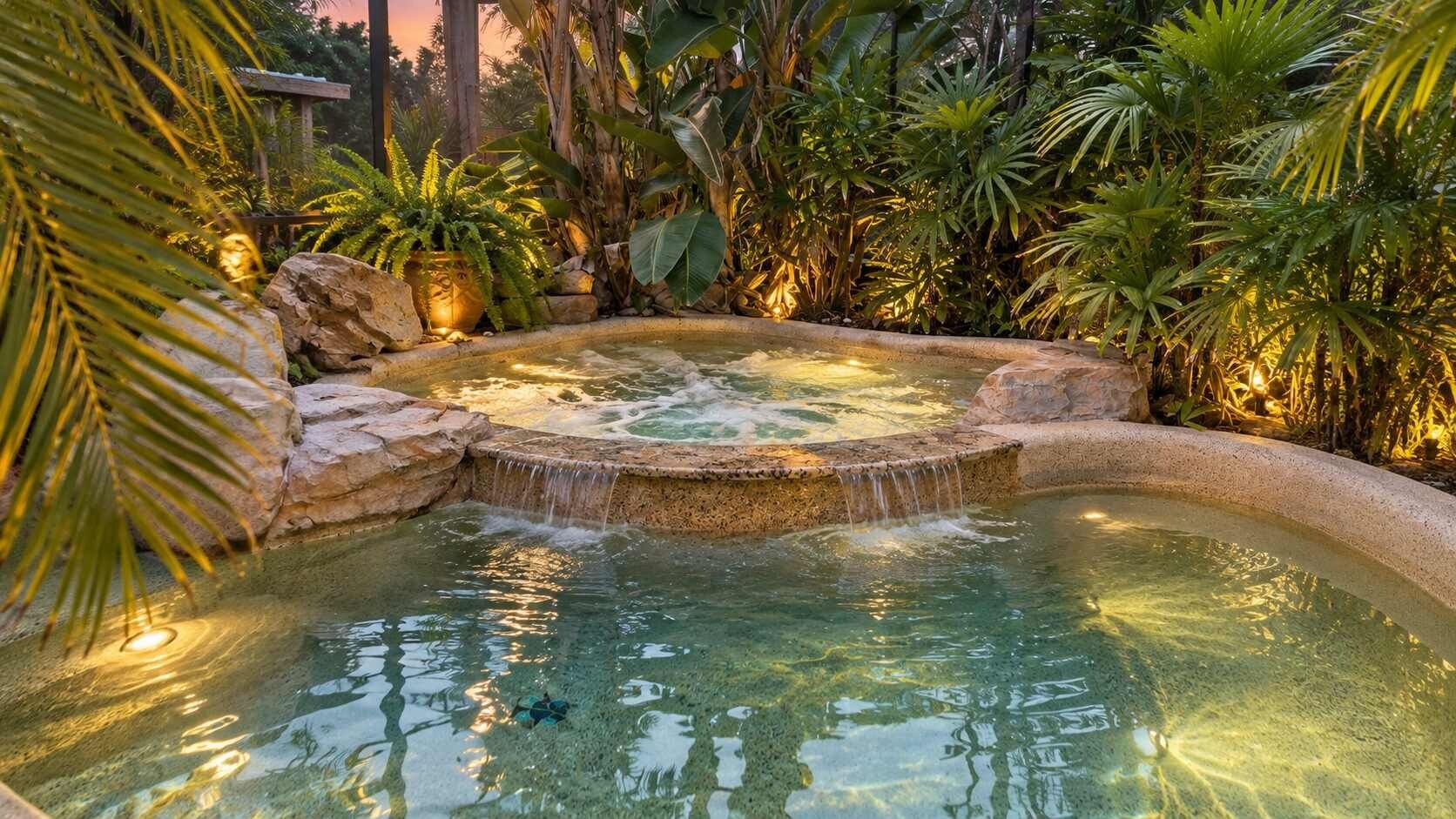 Een jacuzzi omringd door tropische planten en rotsen.