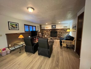 Fernseher, Kamin, DVD-Player, Bücher
