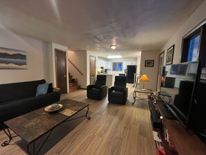 Televisión, chimenea, reproductor de DVD y libros 