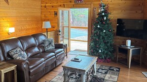A cozy cabin interior with a leather sofa, a coffee table, a Christmas tree, and a television.