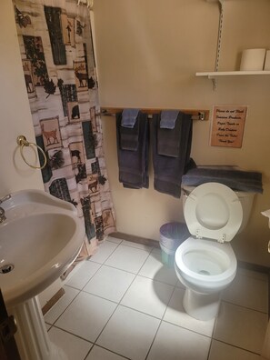 A bathroom with a sink, toilet, and a shower curtain with animal prints. There are towels hanging on a rack and a sign on the wall.