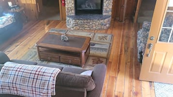 Smart TV, chimenea, reproductor de DVD y libros