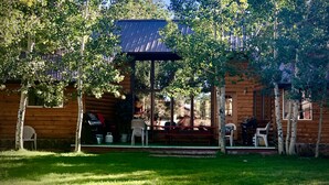 A wooden cabin with a covered porch, surrounded by trees and a grassy yard. - Cozy Mountain Retreat / Great For Reunions, Family Retreats,  Room For Tents! (Duck Creek Village)
