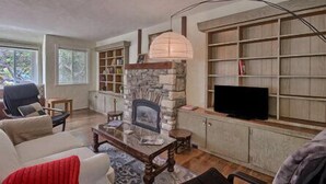 Un salon chaleureux avec une cheminée en pierre, des étagères à livres, un téléviseur et des fauteuils confortables.