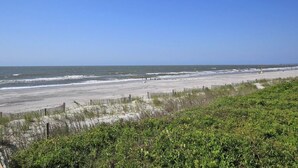 A beach with a wooden fence and vegetation in the foreground. - The Fish! Most Unique High-End Luxury Rental w/Private Pool On Folly Beach! (Charleston)