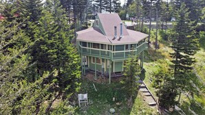 A two-story house with a green exterior and a steeply pitched roof, surrounded by dense forest. - Adventure Awaits! (Snowshoe)