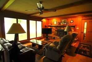 Smart TV, fireplace, DVD player, books