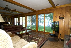 Smart TV, fireplace, DVD player, books