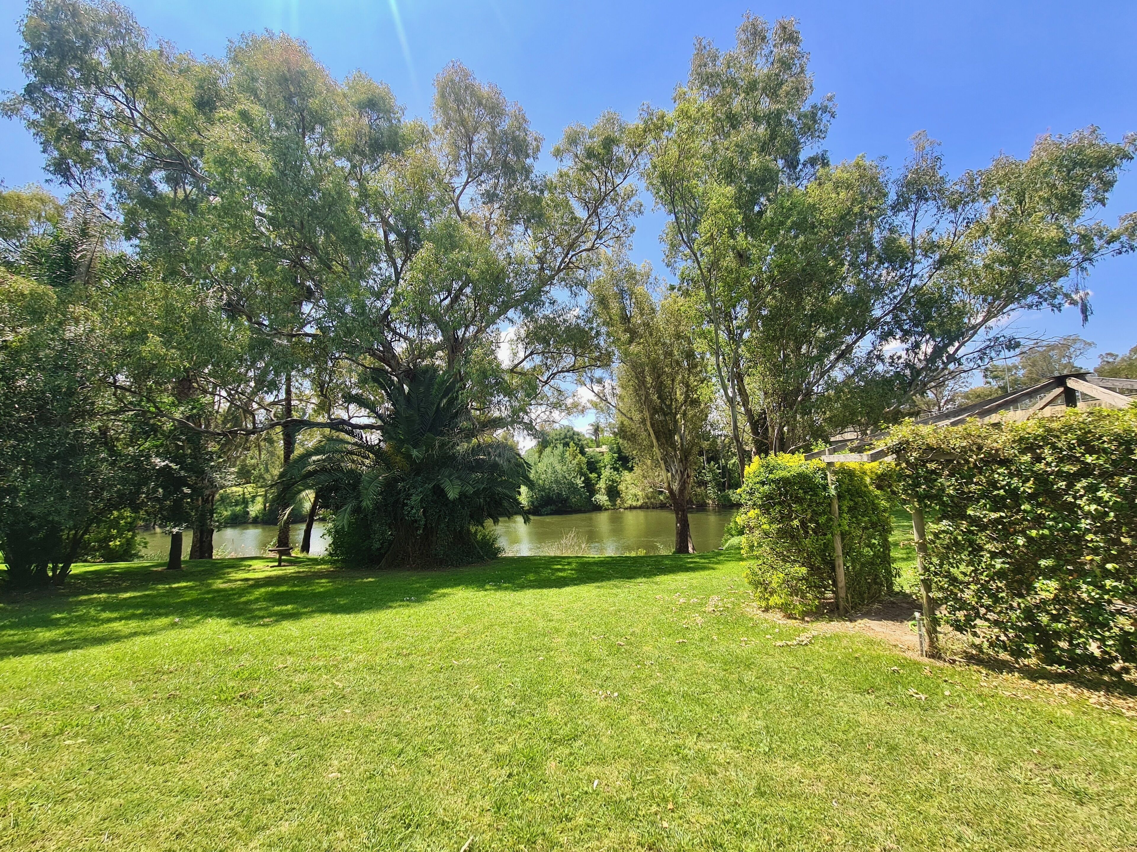 A well-maintained grassy area with mature trees and a small body of water, likely a pond or lake, surrounded by a hedge.