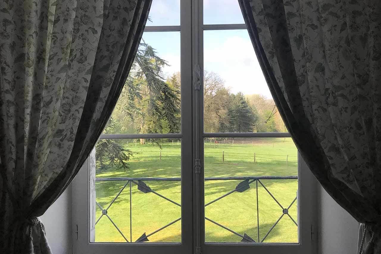 A window with a view of a green field and trees.