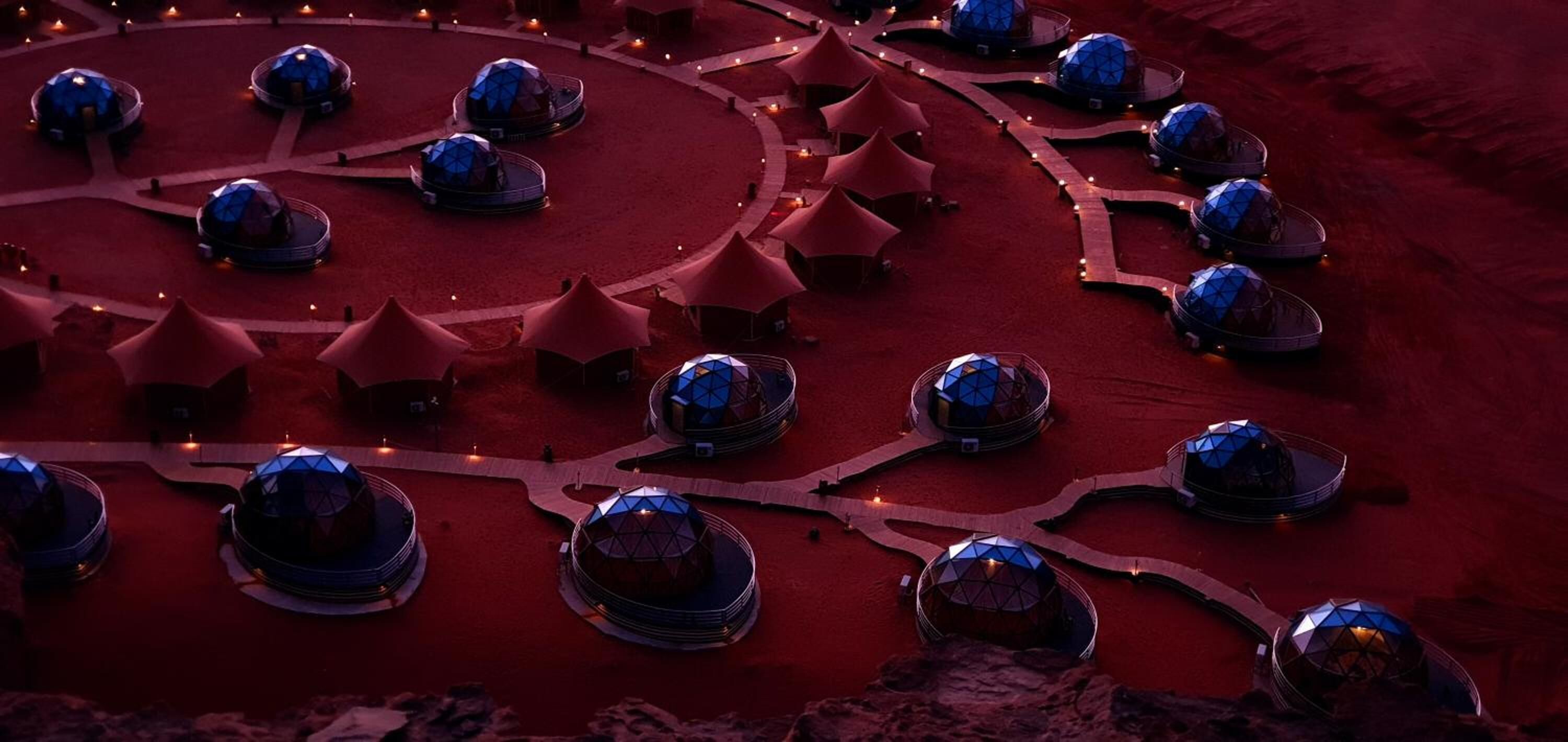 A circular layout of dome-shaped structures with pathways connecting them.