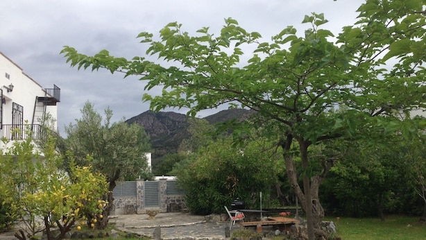 A stone pathway leading to a rustic outdoor seating area with a mountain backdrop.