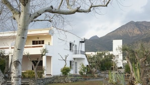 A modern two-story house with a stone pathway leading to the entrance, surrounded by a well-maintained garden and a mountain in the background.