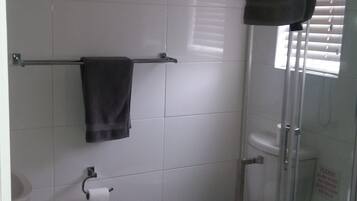 Une salle de bain équipée de toilettes, d’un porte-serviettes et d’une cabine de douche en verre.